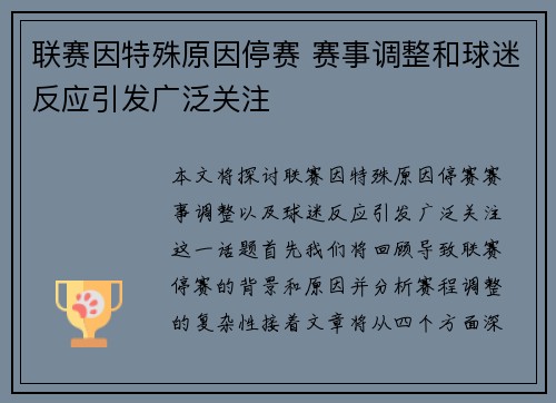 联赛因特殊原因停赛 赛事调整和球迷反应引发广泛关注